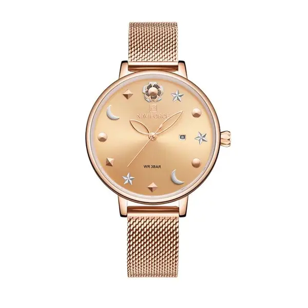 NAVIFORCE NF5009 Mesh Stainless Steel Analog Watch For Women – Dial Color: Brown, Strap Color:  Brown  – View 1