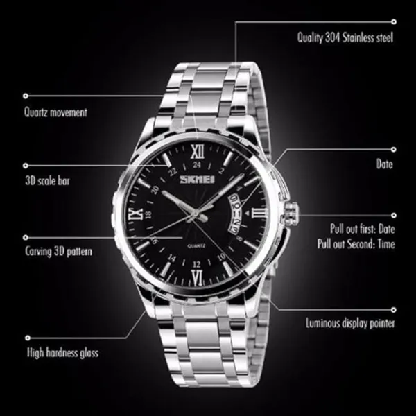 Skmei 9069 Stainless Steel Waterproof Quartz Men's Watch – Dial Color: Black, Strap Color: Silver – View 3