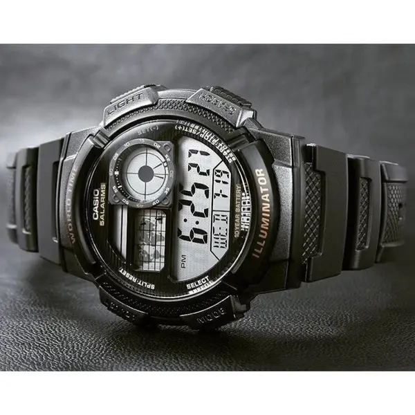 Casio AE-1000W-1AVDF Youth World Time Water Resistant Multifunctional Digital Watch  – Dial Color: Black, Strap Color: Black – View 7