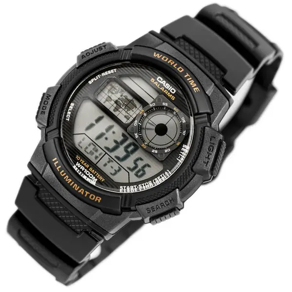 Casio AE-1000W-1AVDF Youth World Time Water Resistant Multifunctional Digital Watch  – Dial Color: Black, Strap Color: Black – View 2