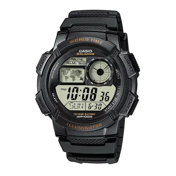 Casio AE-1000W-1AVDF Youth World Time Water Resistant Multifunctional Digital Watch  – Dial Color: Black, Strap Color: Black – View 1