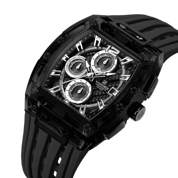 Naviforce NF7105 Comfortable Silicone Strap Multifunctional Chronograph Sports Men's Watch – Dial Color: Black, Strap Color: Black – View 3