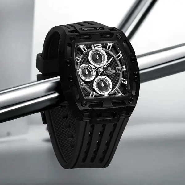 Naviforce NF7105 Comfortable Silicone Strap Multifunctional Chronograph Sports Men's Watch – Dial Color: Black, Strap Color: Black – View 4