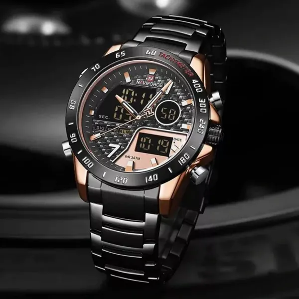 Naviforce 9171 CH Dual Display Quartz Analog Digital Men's Watch – Dial Color: Rose, Strap Color: Black – View 3