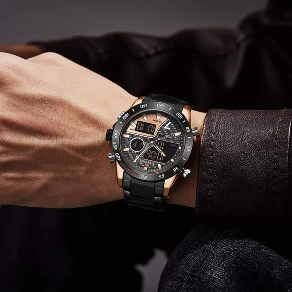 Naviforce 9171 CH Dual Display Quartz Analog Digital Men's Watch – Dial Color: Rose, Strap Color: Black – View 5