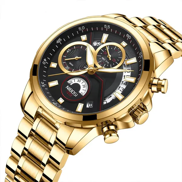 Nibosi 2576 High Quality Stainless Steel Luminous Men's Watch – Dial Color: Black Gold, Strap Color: Gold – View 2