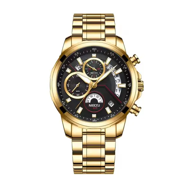 Nibosi 2576 High Quality Stainless Steel Luminous Men's Watch – Dial Color: Black Gold, Strap Color: Gold – View 1