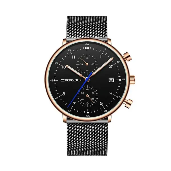 CRRJU 2278 Comfortable Mesh Stainless Steel Ultra Slim Modern Fashion Men's Watch – Dial Color: Rose, Strap Color: Black – View 1