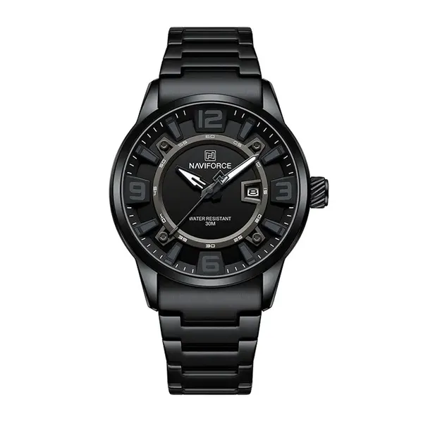 NAVIFORCE NF8044 Luminous Stainless Steel Strap Quartz Men’s Watch – Dial Color: Black, Strap Color: Black – View 1