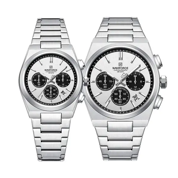 Naviforce NF8048 High Quality Stainless Steel Chronograph Classic Stylish Couple's Watch – Dial Color: White, Strap Color: Silver – View 1