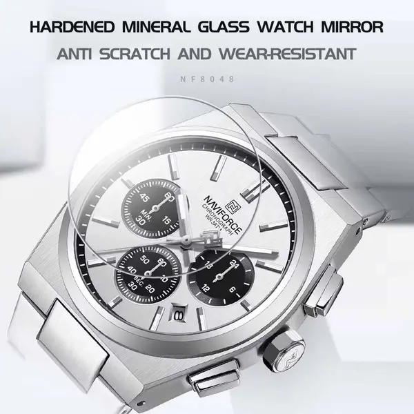 Naviforce NF8048 High Quality Stainless Steel Chronograph Classic Stylish Couple's Watch – Dial Color: White, Strap Color: Silver – View 3