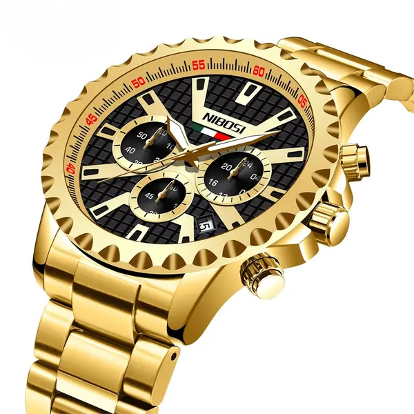 Nibosi 2505 High Quality Stainless Steel Fashionable Men's Watch – Dial Color: Gold, Strap Color: Gold – View 2