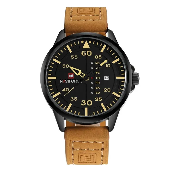 NAVIFORCE NF9074 Luxury Military Quartz Sports Men's Watch – Dial Color: Yellow, Strap Color:  Brown  – View 1