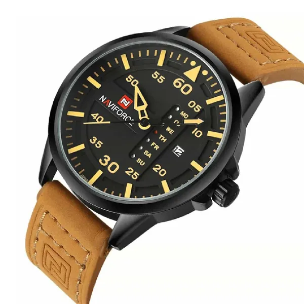 NAVIFORCE NF9074 Luxury Military Quartz Sports Men's Watch – Dial Color: Yellow, Strap Color:  Brown  – View 2