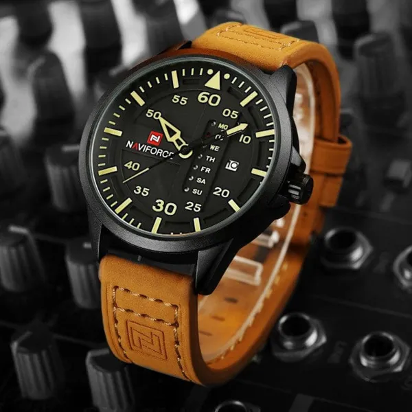 NAVIFORCE NF9074 Luxury Military Quartz Sports Men's Watch – Dial Color: Yellow, Strap Color:  Brown  – View 3
