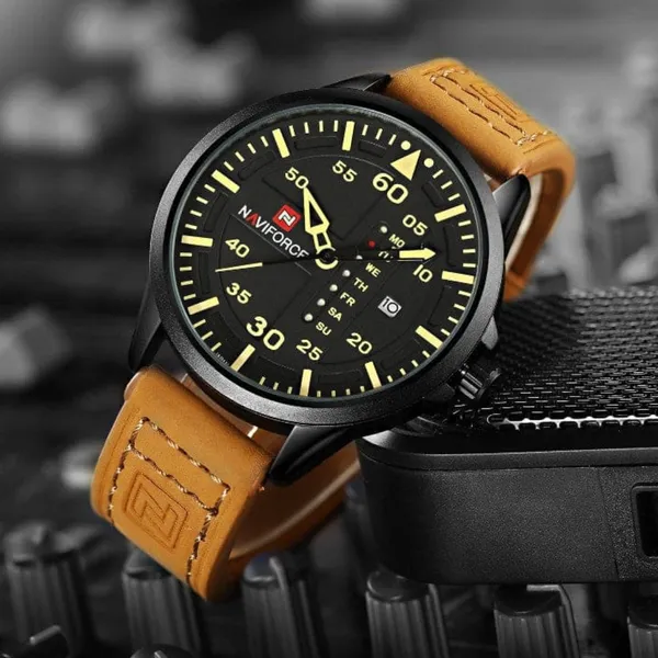 NAVIFORCE NF9074 Luxury Military Quartz Sports Men's Watch – Dial Color: Yellow, Strap Color:  Brown  – View 4