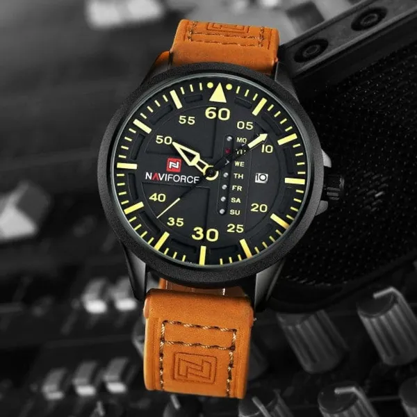 NAVIFORCE NF9074 Luxury Military Quartz Sports Men's Watch – Dial Color: Yellow, Strap Color:  Brown  – View 5