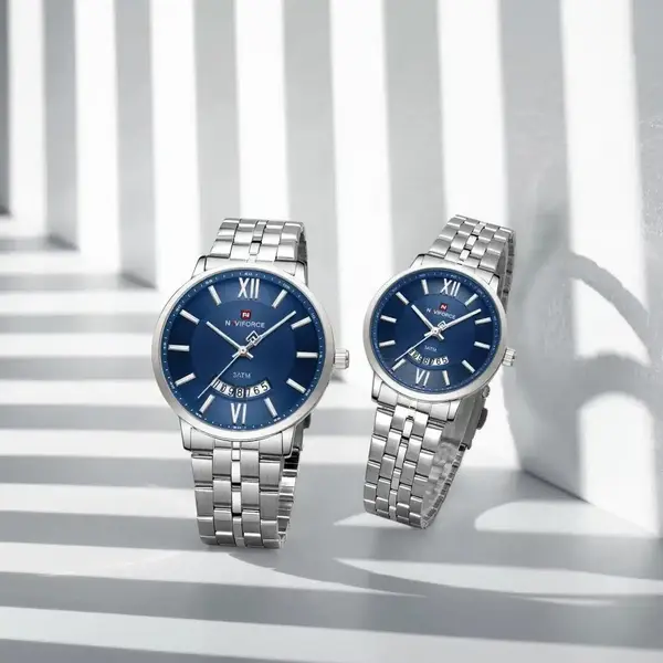 NAVIFORCE NF9238 Modern & Stylish Stainless Steel strap Calendar Analog Couple Watch – Dial Color: Blue, Strap Color: Silver – View 2