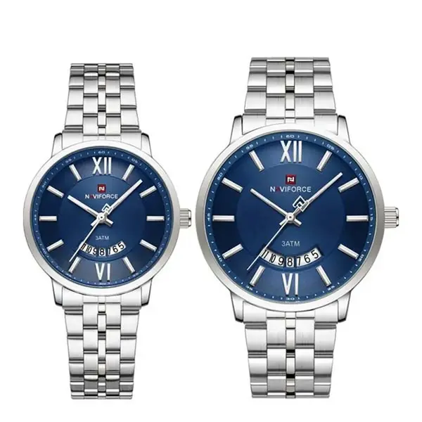 NAVIFORCE NF9238 Modern & Stylish Stainless Steel strap Calendar Analog Couple Watch – Dial Color: Blue, Strap Color: Silver – View 1