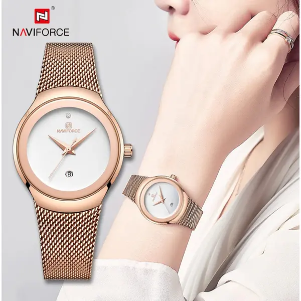 Naviforce NF5004 Milanese Mesh Strap Waterproof Versatile Ultra Thin Women's watch – Dial Color: White, Strap Color:  Brown  – View 3