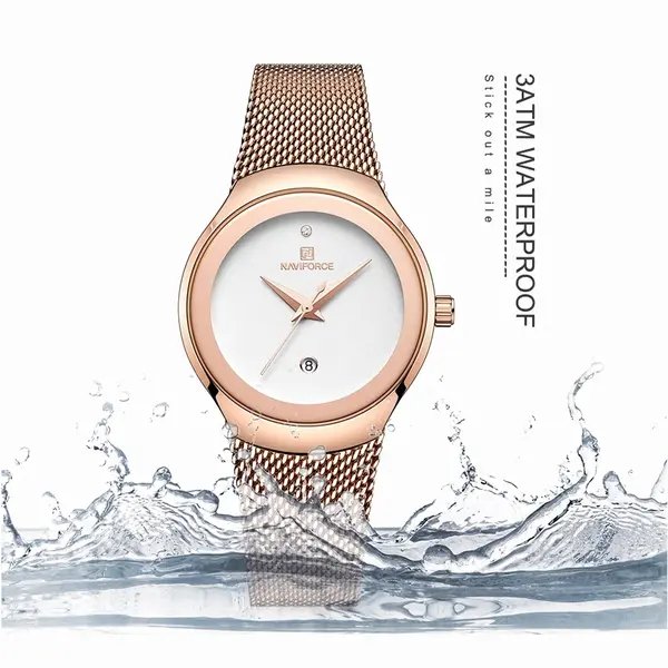 Naviforce NF5004 Milanese Mesh Strap Waterproof Versatile Ultra Thin Women's watch – Dial Color: White, Strap Color:  Brown  – View 2
