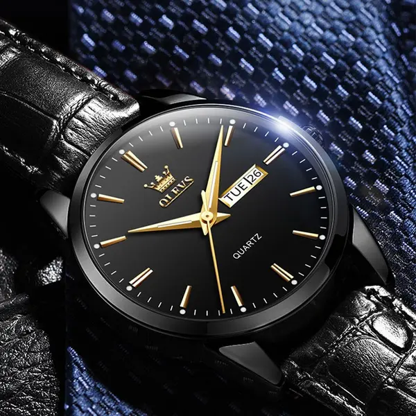 OLEVS 6898 Valentine's Calendar Display Leather Strap Couple's Quartz Watch – Dial Color: Black, Strap Color: Black – View 2
