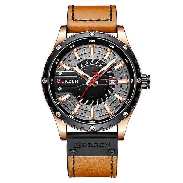 Curren 8374 Comfortable Genuine Leather Strap Casual Men's Watch – Dial Color: Brown, Strap Color:  Brown  – View 1