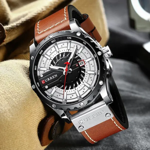 Curren 8374 Comfortable Genuine Leather Strap Casual Men's Watch – Dial Color: Brown, Strap Color:  Brown  – View 3