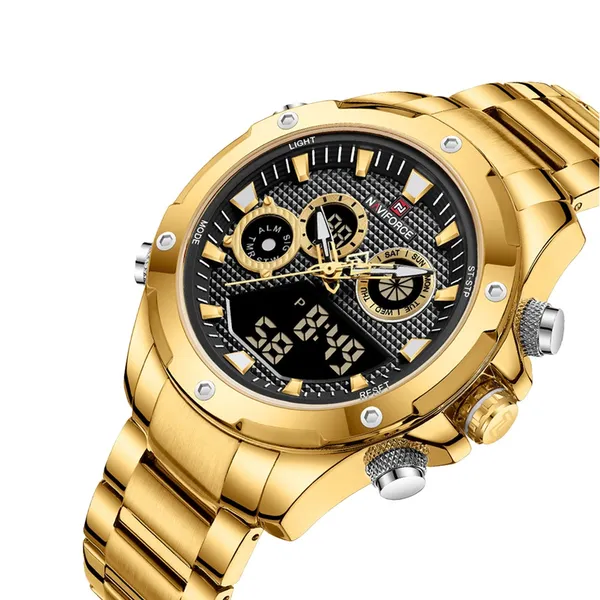 NAVIFORCE NF9217 Military Quartz Stainless Steel Men's Watch – Dial Color: Black, Strap Color: Gold  – View 2