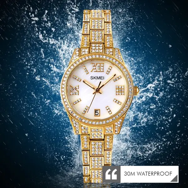 Skmei 1741 Luxury Quartz Stainless Steel Diamond Women Watches – Dial Color: White, Strap Color: Gold  – View 3