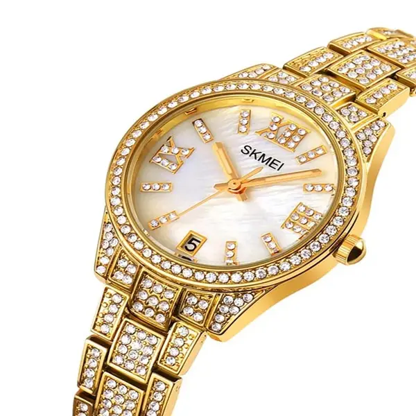 Skmei 1741 Luxury Quartz Stainless Steel Diamond Women Watches – Dial Color: White, Strap Color: Gold  – View 2