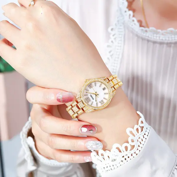 Skmei 1741 Luxury Quartz Stainless Steel Diamond Women Watches – Dial Color: White, Strap Color: Gold  – View 4