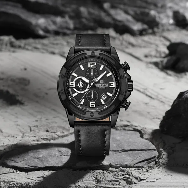 Naviforce 8074 Leather Strap Luminous Chronograph Men Quartz Wristwatch – Dial Color: Black, Strap Color: Black – View 2