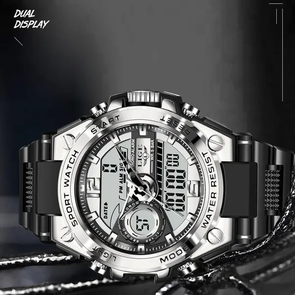 LIGE 8922 Premium Dual Time Silicon Strap Men's Fashion Watch – Dial Color: Silver, Strap Color: Black – View 2