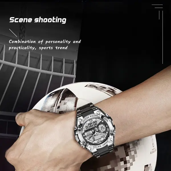 LIGE 8922 Premium Dual Time Silicon Strap Men's Fashion Watch – Dial Color: Silver, Strap Color: Black – View 4
