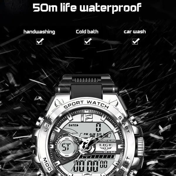 LIGE 8922 Premium Dual Time Silicon Strap Men's Fashion Watch – Dial Color: Silver, Strap Color: Black – View 5