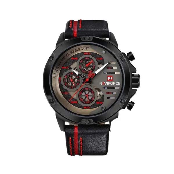 Naviforce NF9110L Genuine Leather Strap Six Hands Quartz Classic Men's Watch – Dial Color: Red, Strap Color: White – View 1