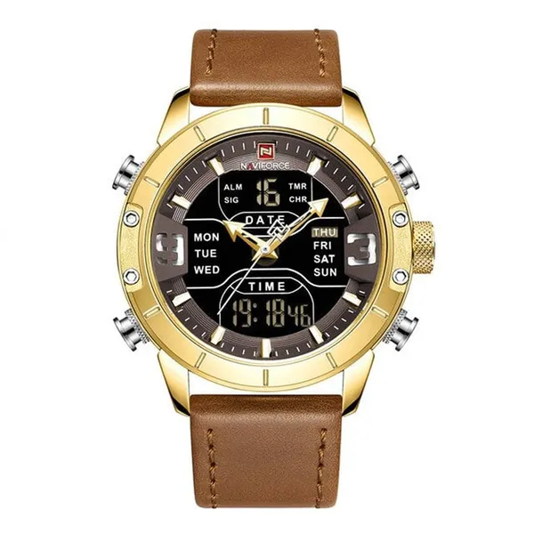 NAVIFORCE 9153-L Genuine Leather Strap Stylish Men's Watch – Dial Color: Gold, Strap Color: Brown – View 1