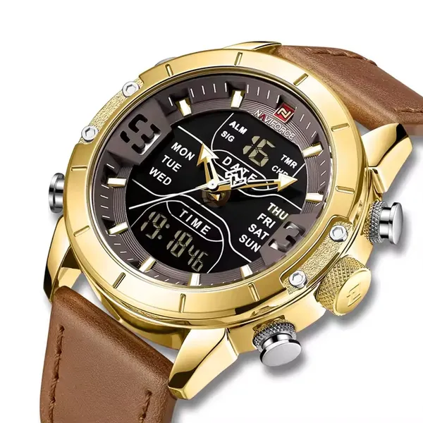 NAVIFORCE 9153-L Genuine Leather Strap Stylish Men's Watch – Dial Color: Gold, Strap Color: Brown – View 2