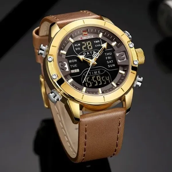 NAVIFORCE 9153-L Genuine Leather Strap Stylish Men's Watch – Dial Color: Gold, Strap Color: Brown – View 3