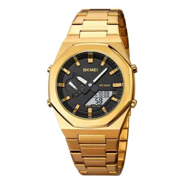 Skmei 1816 Fashion World Quartz Men's Watch – Dial Color: Black, Strap Color: Gold – View 1