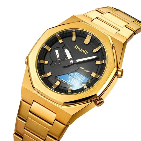 Skmei 1816 Fashion World Quartz Men's Watch – Dial Color: Black, Strap Color: Gold – View 2