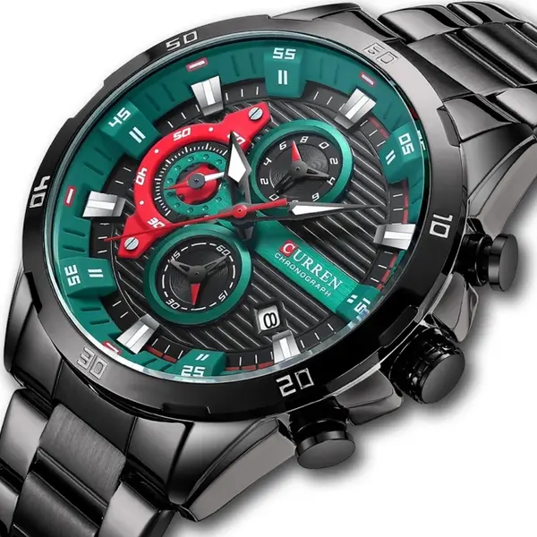 Curren 8402 Luxury Stainless Steel & Chronograph Men's Watch – Dial Color: Green, Strap Color: Black – View 3