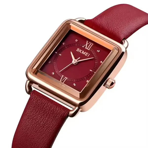 Skmei 1702 Small Square Dial Design Zinc Alloy Case Leather Women Lady Quartz Watch – Dial Color: Red, Strap Color: Red – View 2