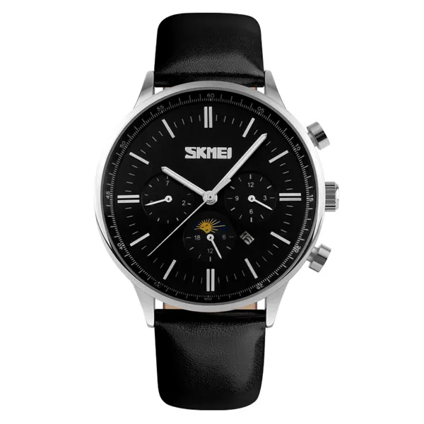 Skmei 9117 Genuine Leather Strap Classic Quartz Men's Watch – Dial Color: Black, Strap Color: Black – View 1