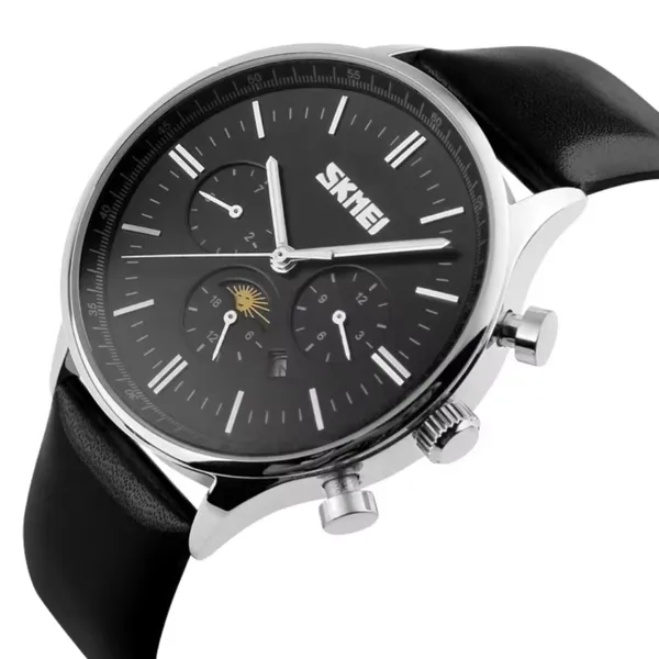 Skmei 9117 Genuine Leather Strap Classic Quartz Men's Watch – Dial Color: Black, Strap Color: Black – View 2