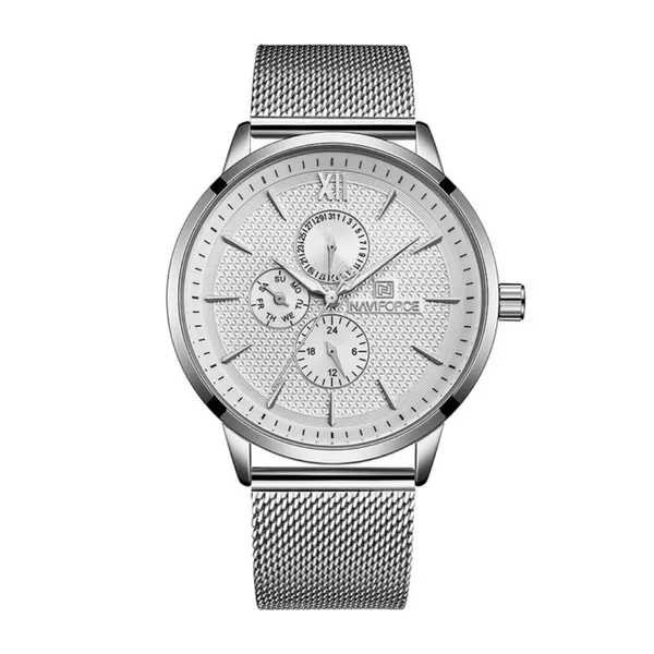 Naviforce NF3003 Mesh Stainless Steel Quartz Men's Watch – Dial Color: Silver, Strap Color: Silver – View 1