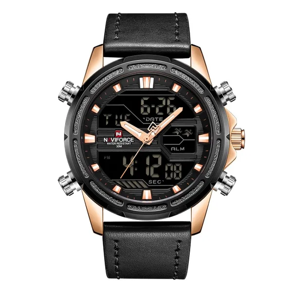 NAVIFORCE NF9138L PU Leather Dual Time Wrist Men's Watch – Dial Color: Rose, Strap Color: Black – View 1