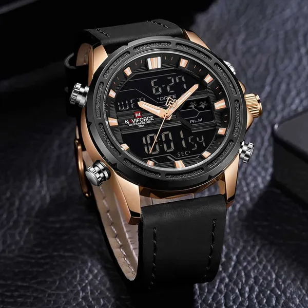 NAVIFORCE NF9138L PU Leather Dual Time Wrist Men's Watch – Dial Color: Rose, Strap Color: Black – View 3