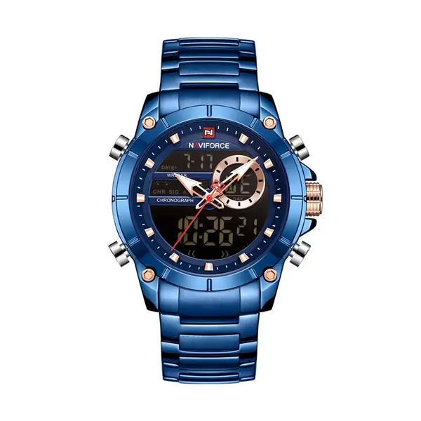 Naviforce NF9163 Stainless Steel Dual Movement Military Sport Men's Watch – Dial Color: Blue, Strap Color: Blue – View 1